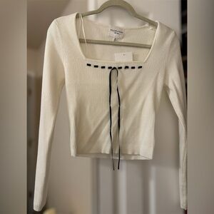 Cream Black Ribbed Tie Front Crop Blouse